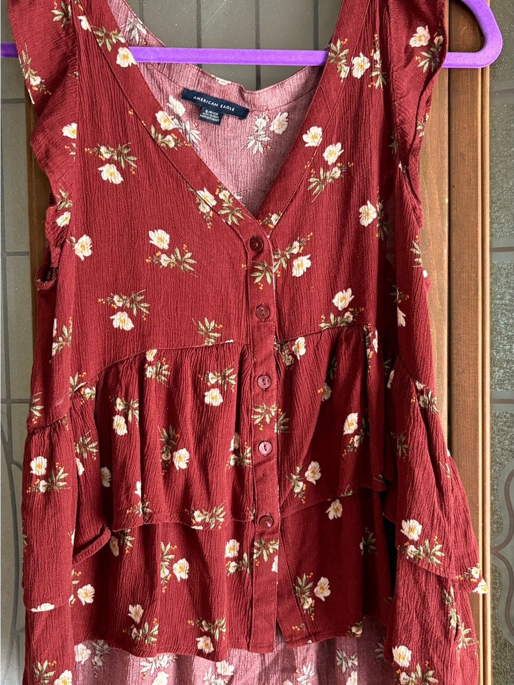 American Eagle Outfitters Burgundy Floral Button-Front Tiered Top